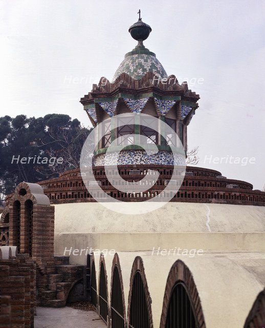 Outside of the stables pavilion with its great dome in the Guell House, it was built between 1884…