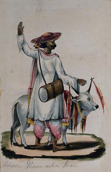 A religious man carrying a drum, standing next to a cow, (between 1800 and 1899?). Creator: Unknown.