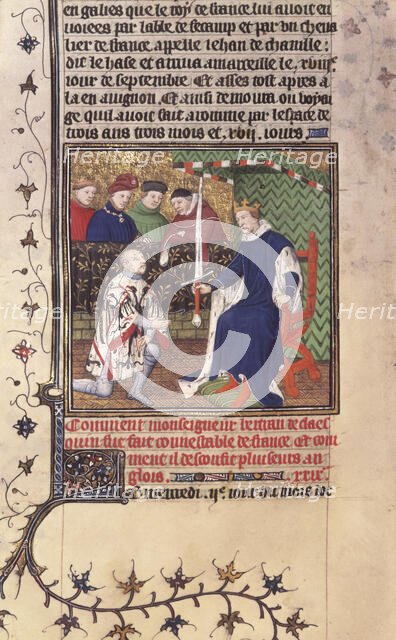 King Charles V of France presenting the sword of Constable of France to Bertrand du Guesclin, c1415. Creator: Workshop of the Boucicaut Master.