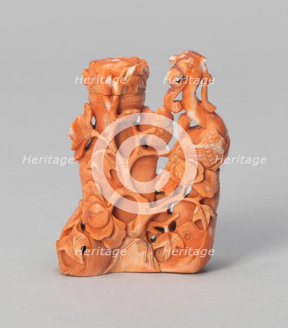 Snuff Bottle with Phoenix Standing by Peonies and a Vase, Qing dynasty (1644-1911), 1850-1900. Creator: Unknown.