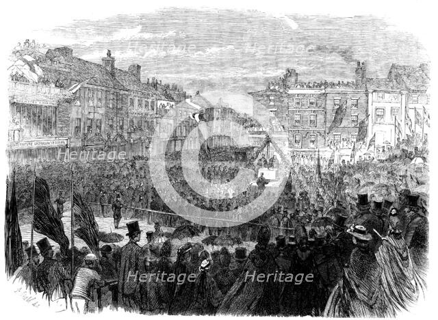 The Preston Guild Festival: the mayor laying the foundation-stone of the...new townhall, 1862. Creator: E. Skill.