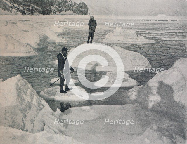 'Campbell and Priestley Afloat on Pancake Ice', 1912, (1913). Artist: G Murray Levick.