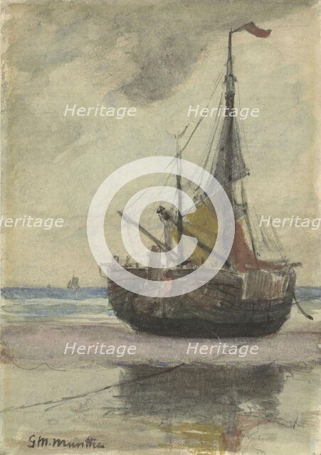 Fishing boat on the beach with reefed sail, 1885-1960. Creator: Gerhard Munthe.