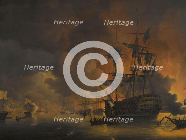 The fire on the Wharves of Algiers, shortly after the commencement of the Bombardment by the Anglo-D Creator: Nicolaus Baur.