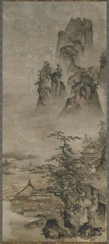 Landscape: mountains, stream and houses, Muromachi period, early 16th century. Creator: Gakuo Zokyu.