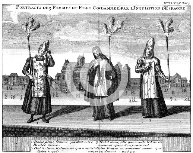 'Portraits of 3 women and girls condemned by the Spanish Inquisition', 1759. Artist: Anon