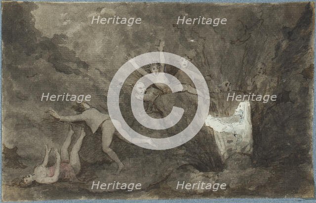 A ghost appearing to a group of figures, c1750s. Creator: George Dance.