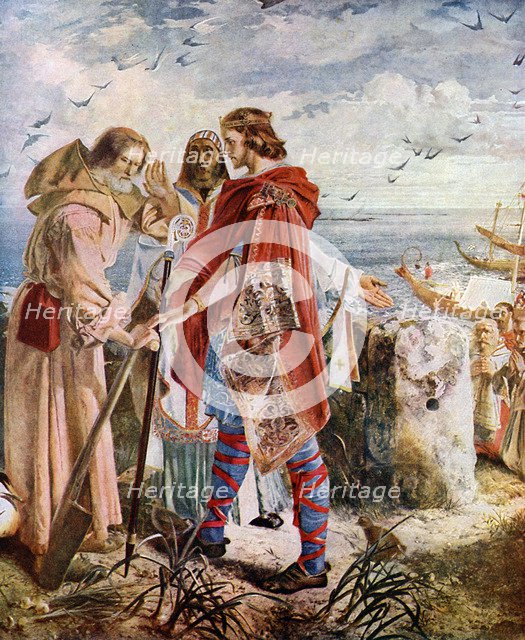 Egfrith offering the Bishopric of Hexham to Cuthbert, 678, (c1920). Artist: William Bell Scott