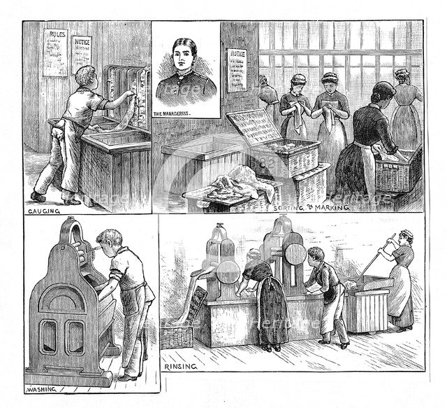 Scenes in a laundry, 1884. Artist: Unknown
