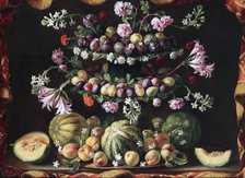 Still life with figs, plums, peaches and melons.