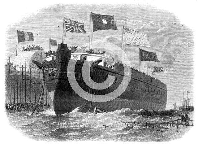 Launch of the Turkish iron-clad frigate Sultan Mahmoud, at the Thames Ironworks, Blackwall, 1864. Creator: Smyth.