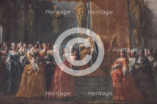 The hand kissing ceremony at the court of Queen Elisabetta Farnese, 1717-1718. Creator: Spolverini (Mercanti); Ilario Giacinto (1657-1734).
