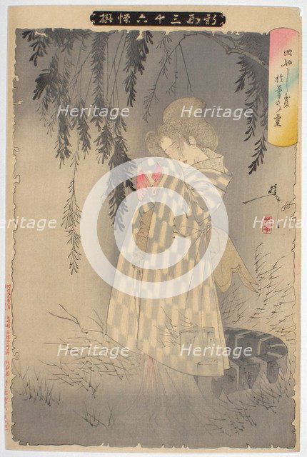 The ghost of Okiku at Sarayashiki. (From the series New Forms of Thirty-six Ghosts), 1890. Artist: Yoshitoshi, Tsukioka (1839-1892)