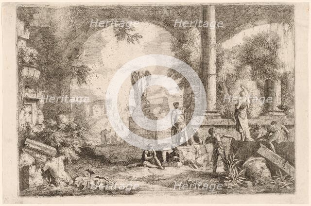 Capriccio of Antique Ruins with Men Gazing at a Classical Orator, 1720s. Creator: Marco Ricci.