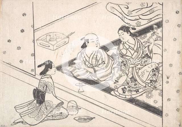 Lady Playing Shamisen, with Her Lover and Attendant Nearby. Creator: Nishikawa Sukenobu.