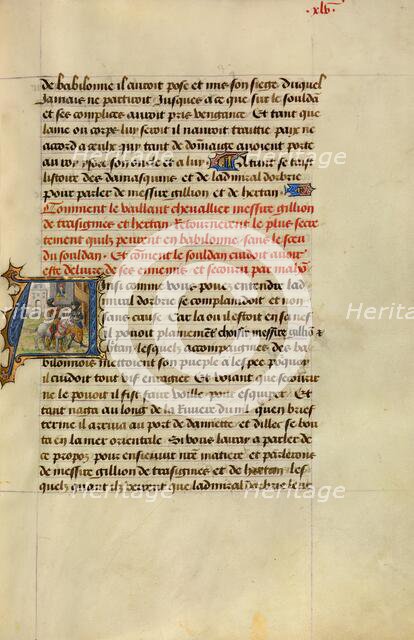 Initial A: Gillion and His Companion Hertan Secretly Returning to Cairo, 1464. Creators: Lieven van Lathem, David Aubert.