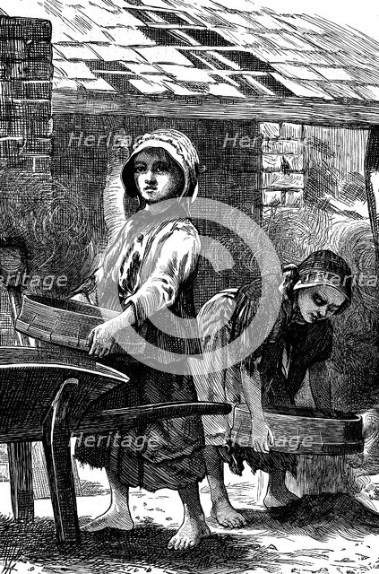 Barefoot girls sifting dust in a brickyard, 1871. Artist: Unknown