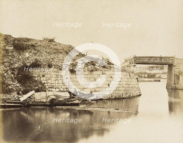 Walled River with Bridge and Houseboats, 1860. Creator: Felice Beato.