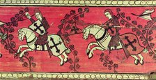 Christian Knights in a fight or sports scene. Painting on wood, possibly Aragonese coffered ceili…