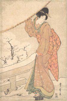 A Young Woman in a Snow Storm Carrying a Heavily Snow-Laden Umbrella, ca. 1802.. Creator: Utagawa Toyohiro.