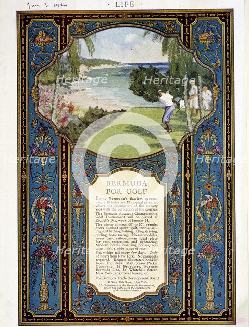 Advert for golf courses in Bermuda, January 3rd 1924. Artist: Unknown