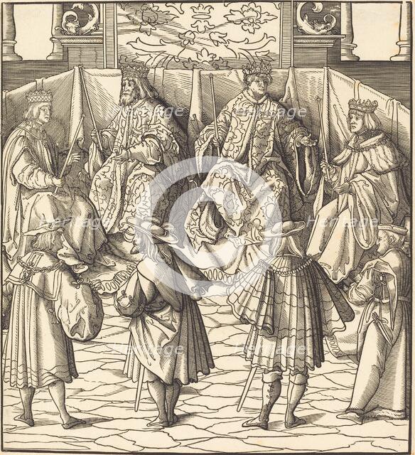 Assembly of Four Kings, in the foreground Four Men, 1514/1516. Creator: Leonhard Beck.
