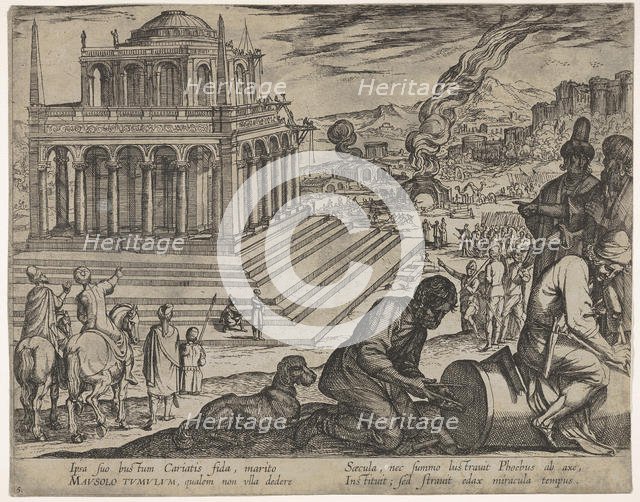 Plate 5: Tomb of Mausolus, stone masons make a column at the right, from The Seven Wonders..., 1608. Creator: Antonio Tempesta.