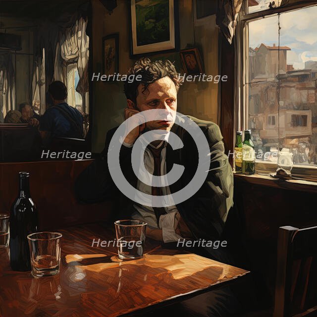 AI IMAGE - Portrait of Dylan Thomas sitting in a pub, 1950s, (2023). Creator: Heritage Images.