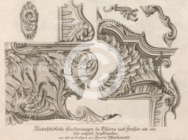 Suggestion for the Decoration of the Lower and Top Right of a Frame, Plate ..., Printed ca. 1750-56. Creator: Jeremias Wachsmuth.