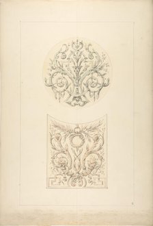 Two designs for decorative motifs featuring cornucopia and rinceaux, 1830-97. Creators: Jules-Edmond-Charles Lachaise, Eugène-Pierre Gourdet.