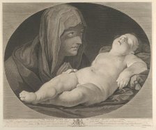 The Virgin in prayer, looking at the sleeping infant Christ, in an oval frame, after Reni,..., 1765. Creator: Simon François Ravenet.