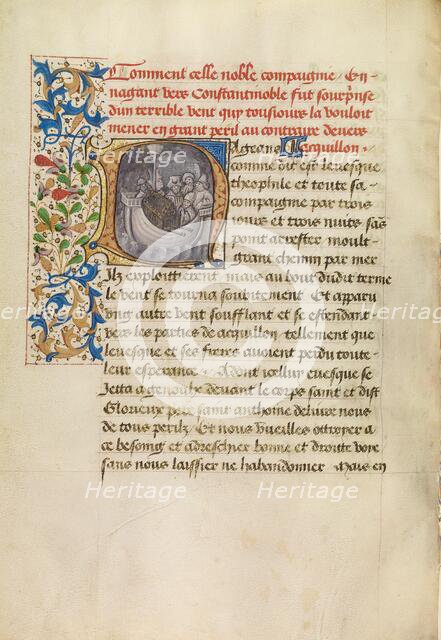 Initial N: Bishop Theophilus's Ship Blown Off Course and Bishop Theophilus in Prayer, about 1465-70. Creators: Master of the Brussels Romuléon, Workshop of the Master of the Brussels Romuléon.