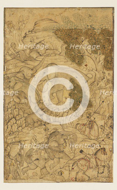 Figures capturing wild elephants, late 16th century -early 17th century. Artist: Unknown.