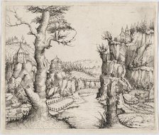 River Landscape with High Cliffs, 1546. Creator: Augustin Hirschvogel.
