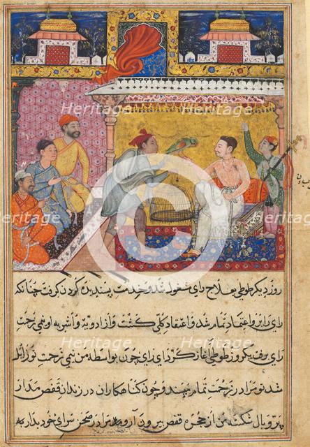 Page from Tales of a Parrot (Tuti-nama): Fifth night: The hunter offers the mother..., c. 1560. Creator: Basavana (Indian, active c. 1560-1600).