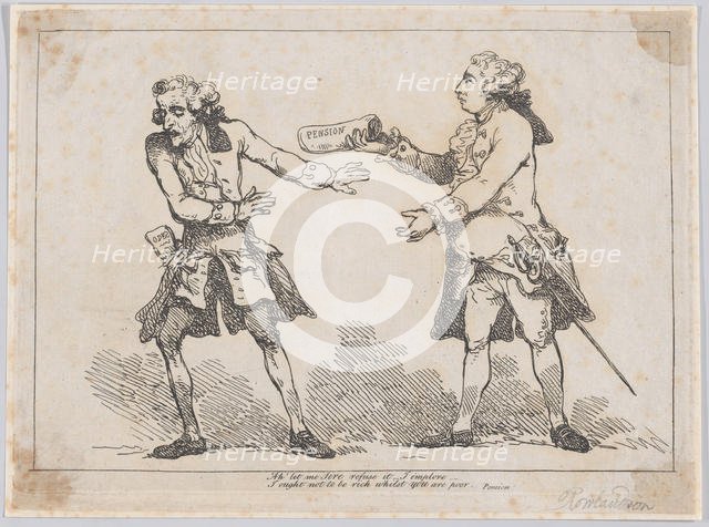 Ah' let me Sire refuse it..., from Peter's Pension by Peter Pindar, Esq., 1787., 1787. Creator: Thomas Rowlandson.