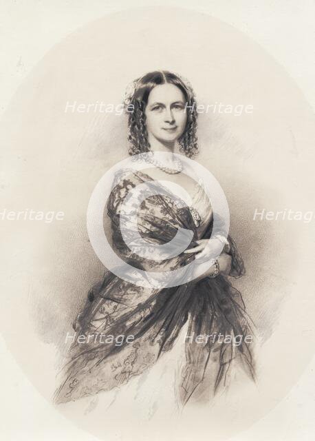 Three-quarter profile portrait of woman in dress with thin patterned shawl, probably 1840s.  Creator: Unknown.