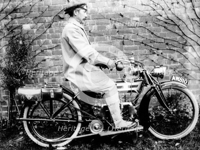 Man on a 1913 Douglas 350cc motorcycle, (c1913?). Artist: Unknown