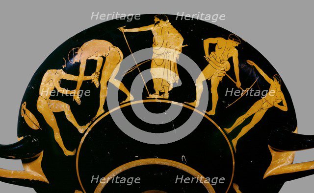 Attic red-figure cup depicting trainer with wrestlers and other athletes, 480 BC. Artist: Antiphon Painter.