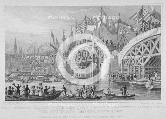 London Bridge, with the Lord Mayor's procession passing under the unfinished arches, 1827. Artist: Thomas Higham