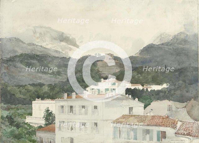 Country houses at the foot of the mountains, high mountains in the distance, La Turbie, 1875. Creator: Jules-Ferdinand Jacquemart.