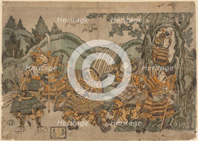 Minamoto no Yoritomo Hiding in a Tree, c. 1758. Creator: Torii Kiyoshige.