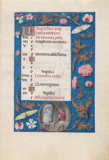 Hours of Queen Isabella the Catholic, Queen of Spain: Fol. 9r, August - Threshing Wheat, c. 1500. Creator: Master of the First Prayerbook of Maximillian (Flemish, c. 1444-1519); Associates, and.