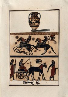 Above, neck-handled black-figured Greek amphora (Corinthian, c550 BC ); centre, detail..., 1760-9. Creator: Augustin Dahlsteen.