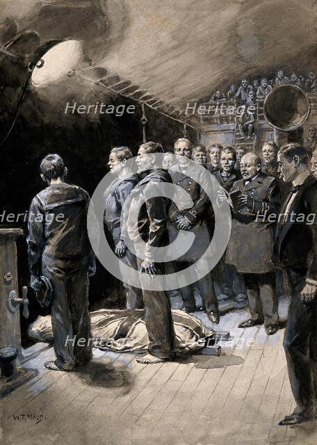 Boer War: a funeral on board a ship at night with officers and crew standing round the body, 1899. Creator: William T Maud.