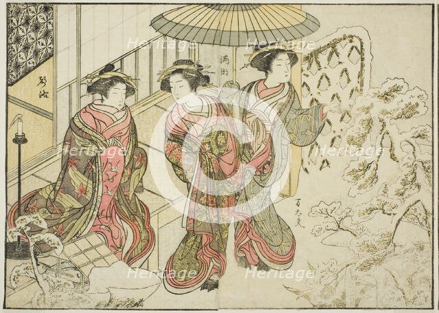 Courtesans of the Nakaomiya, from the book "Mirror of Beautiful Women of the Pleasure..., 1776. Creator: Shunsho.