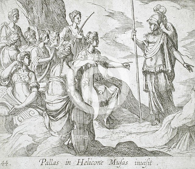 Athena with the Muses, published 1606. Creators: Antonio Tempesta, Wilhelm Janson.