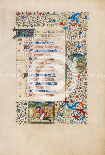 December Calendar Page: Slaughtering a Pig: Capricorn; Book of Hours, about 1440-1450. Creator: Workshop of the Bedford Master.