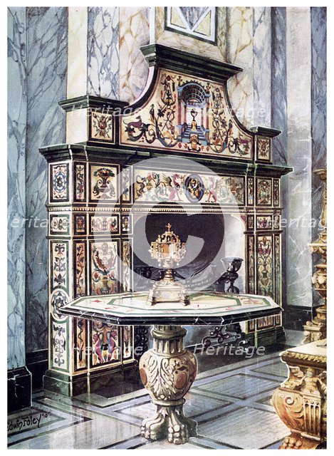 Chimneypiece and table in coloured Florentine mosaic, 1910. Artist: Edwin Foley