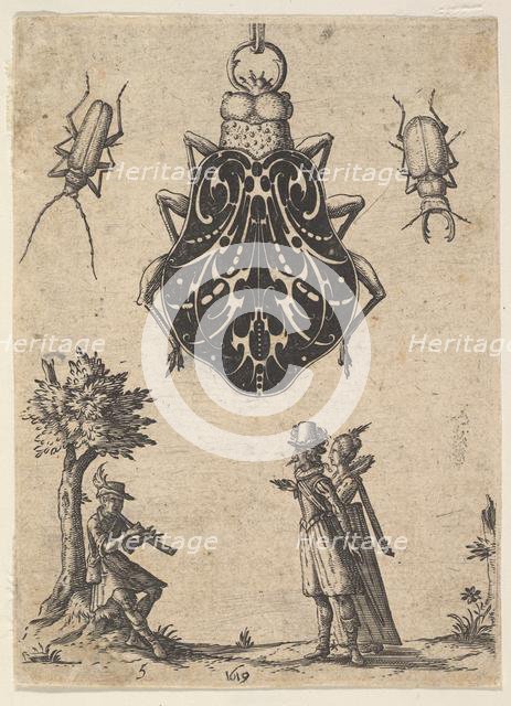 Pendant Shaped like a Beetle with a Couple and a Young Man Playing an Instrument, 1619. Creator: Jean Toutin.
